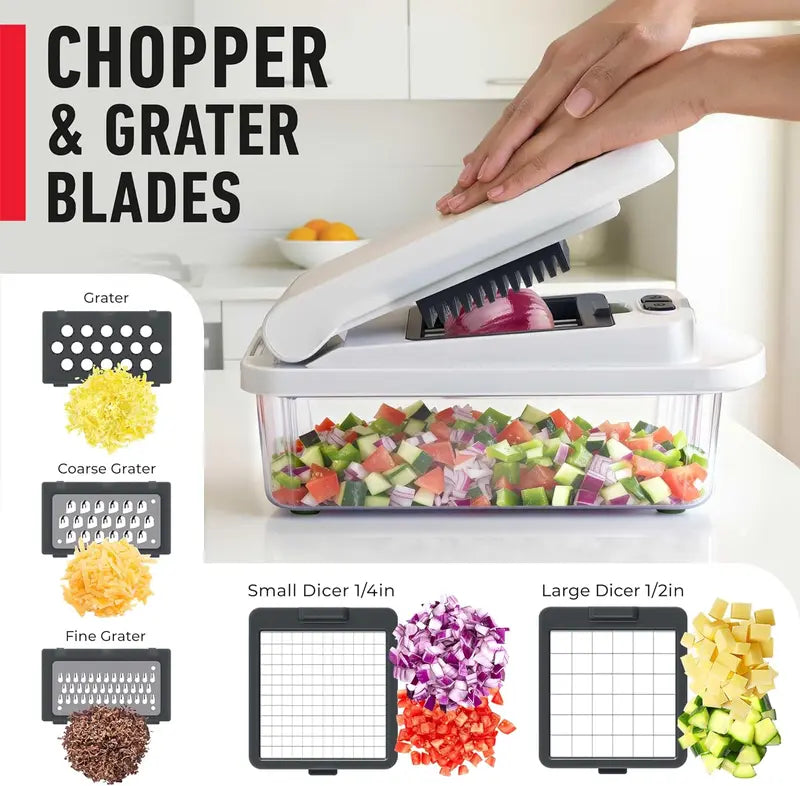 MuellerHome Vegetable Chopper, 12 in 1 Multi-functional Mandoline Slicer, Onion Dicer, Fruit Grater & Shredder with Storage Container for Kitchen