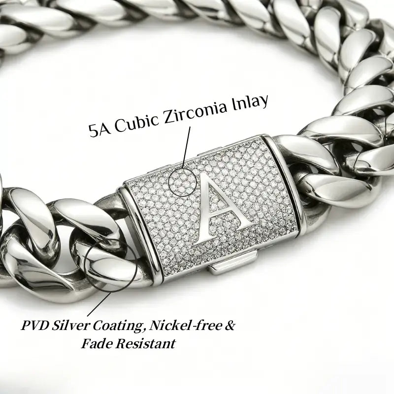 14mm Custom A-Z Letter Cuban Link Bracelet, Stainless Steel PVD Silver Plated Iced Out Curb Bracelet for Men