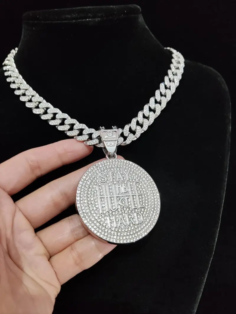 Iced Out Stay Humble Hustle Hard Round Pendant Necklace, Mens Silver Cuban Link Chain Hip Hop Bling Jewelry