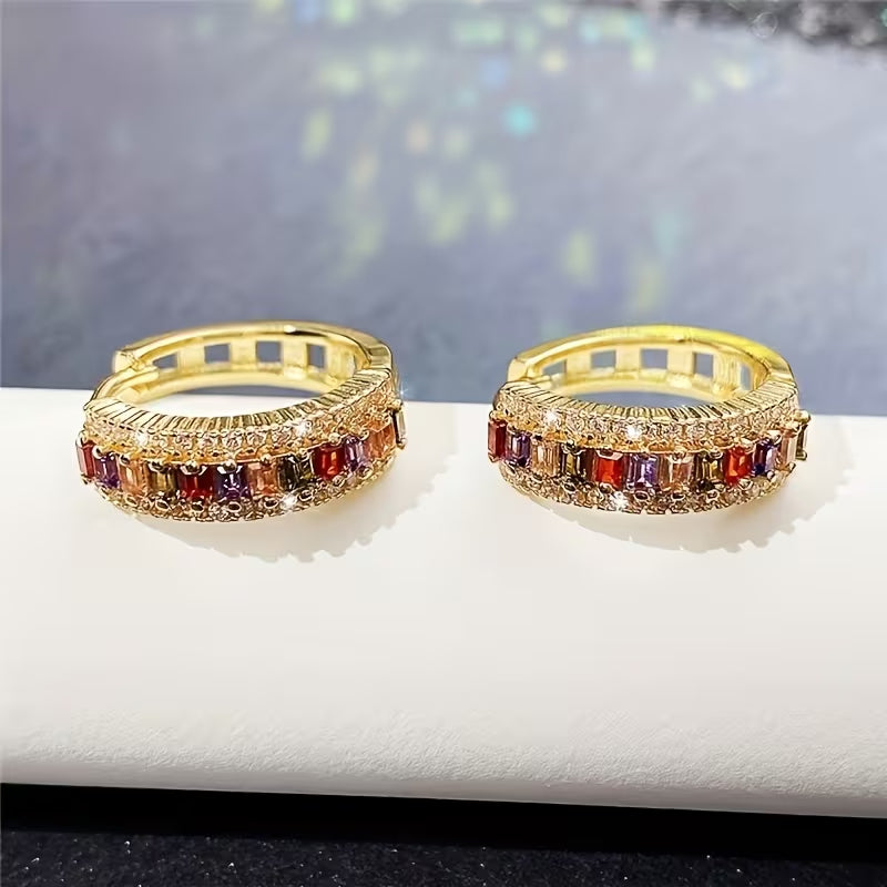 Gold Plated Rainbow Multicolor Cubic Zirconia Huggie Hoop Earrings for Men & Women, Sparkling Baguette Crystal Hip Hop Unisex Earrings