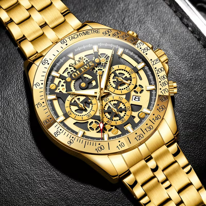 OLEVS Men Stainless Steel Luxury Chronograph Watch, Multifunctional with Date, Classic Business Dress Wristwatch, Gift for Men