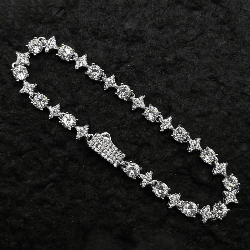 Iced Out Star Round Cut CZ Tennis Bracelet, Silver Plated Hip Hop Sparkling Bracelet for Men