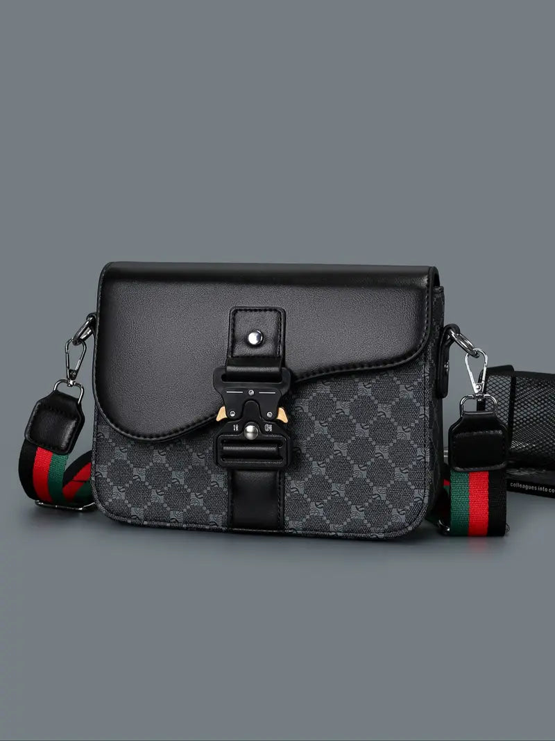 Men's Geometric Pattern PU Leather Crossbody Bag with Flap Closure, Casual Shoulder Travel Bag for Daily Use, Work and School Accessory, Multifunctional Portable High-Quality Sling Crossbody Bag, Flap Crossbody Bags