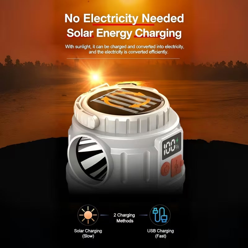 Solar Rechargeable LED Camping Lantern, 5 Light Modes Emergency Light with Power Bank & Digital Battery Display