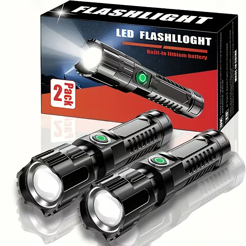 Rechargeable Zoomable LED Flashlight, 3 Lighting Modes, Portable USB Charging Tactical Torch for Camping Hiking Outdoor Emergencies (2 Pack)