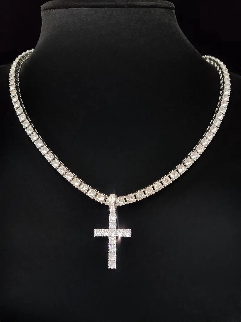 Iced Out Cross Pendant Necklace Set, 2Pcs Silver Tennis Chain Bundle, Bling Cubic Zirconia Hip Hop Jewelry for Men