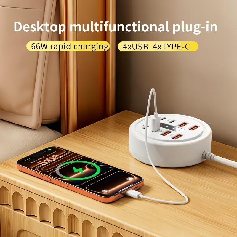 66W Multi Port USB C Charging Station, 4 USB-A + 4 Type-C PD Fast Charger Hub, Desktop Round USB Charger for Multiple Devices