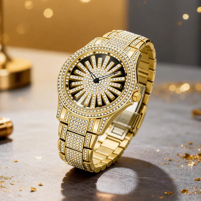 Iced Out Gold Diamond Watch | Luxury Quartz Analog Wristwatch, Sunburst Crystal Dial, Stainless Steel Band, Bling Dress Watch for Men , Perfect Gift for Tanzania