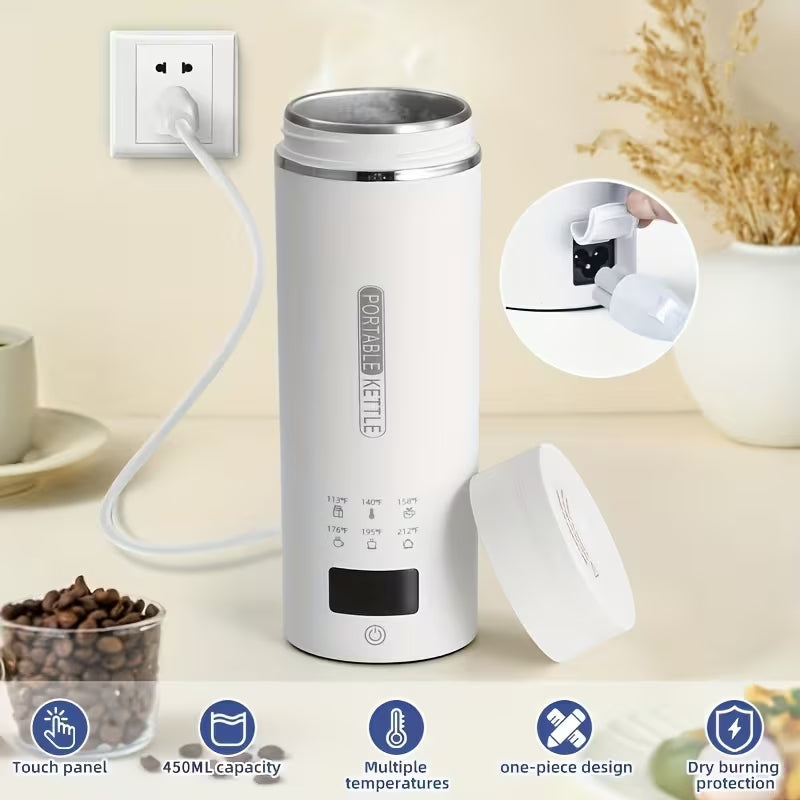 Portable Electric Kettle 450ml | 6 Temperature Presets Travel Heating Cup, Dry Burn Protection, Leakproof Stainless Steel Mini Hot Water Boiler for Home Office Travel