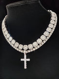 Iced Out Cross Pendant Necklace Set, 2Pcs Silver Tennis Chain Bundle, Bling Cubic Zirconia Hip Hop Jewelry for Men