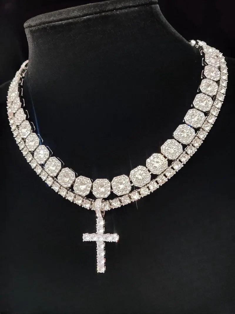 Iced Out Cross Pendant Necklace Set, 2Pcs Silver Tennis Chain Bundle, Bling Cubic Zirconia Hip Hop Jewelry for Men