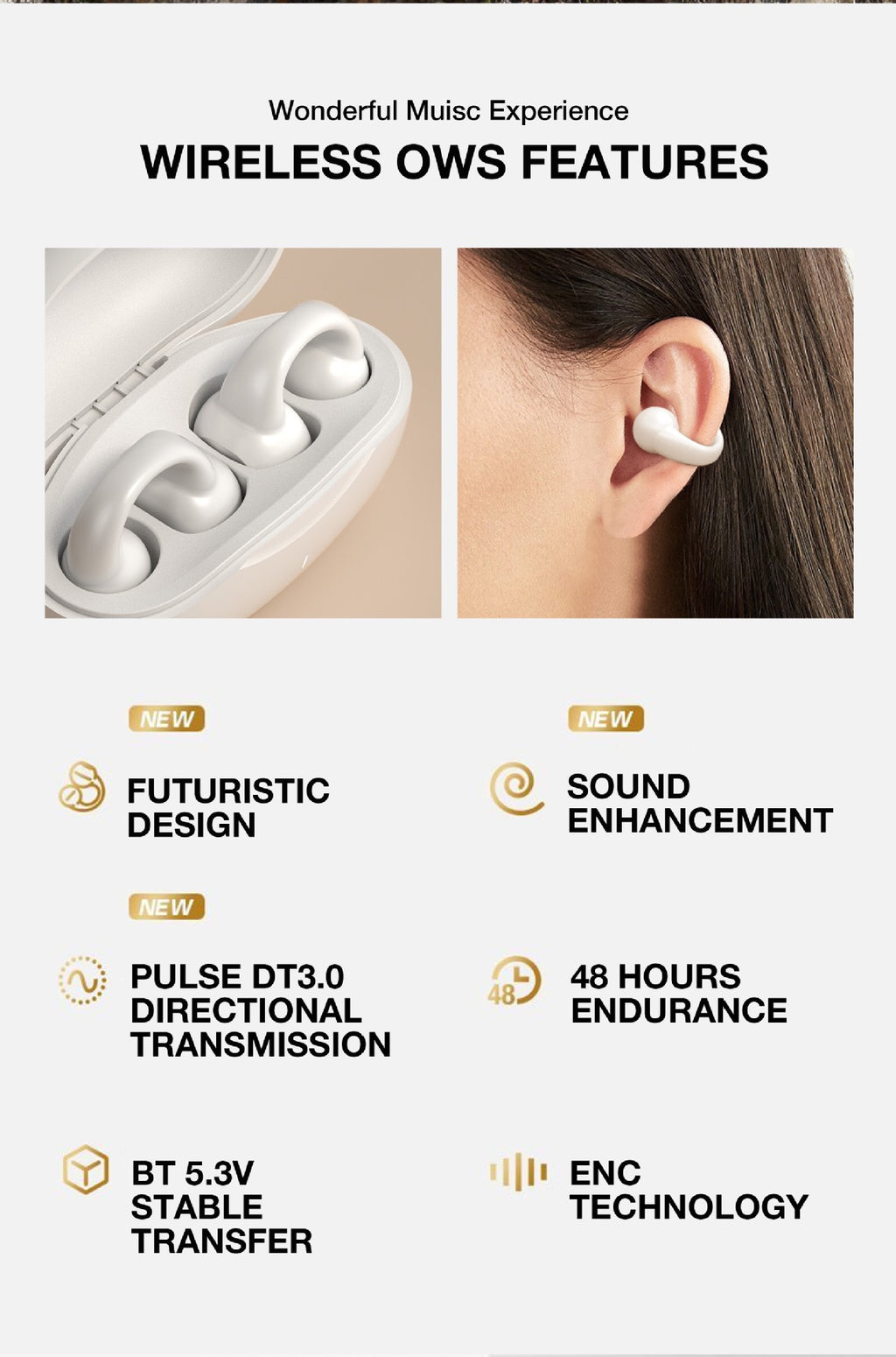 Open‑Ear OWS Wireless Bluetooth 5.3 Earbuds, Clip‑on Bone Conduction Stereo Headphones, 48H Playtime, ENC Noise Cancelling Touch Control Sports Earphones for Daily & Outdoor Use in Tanzania