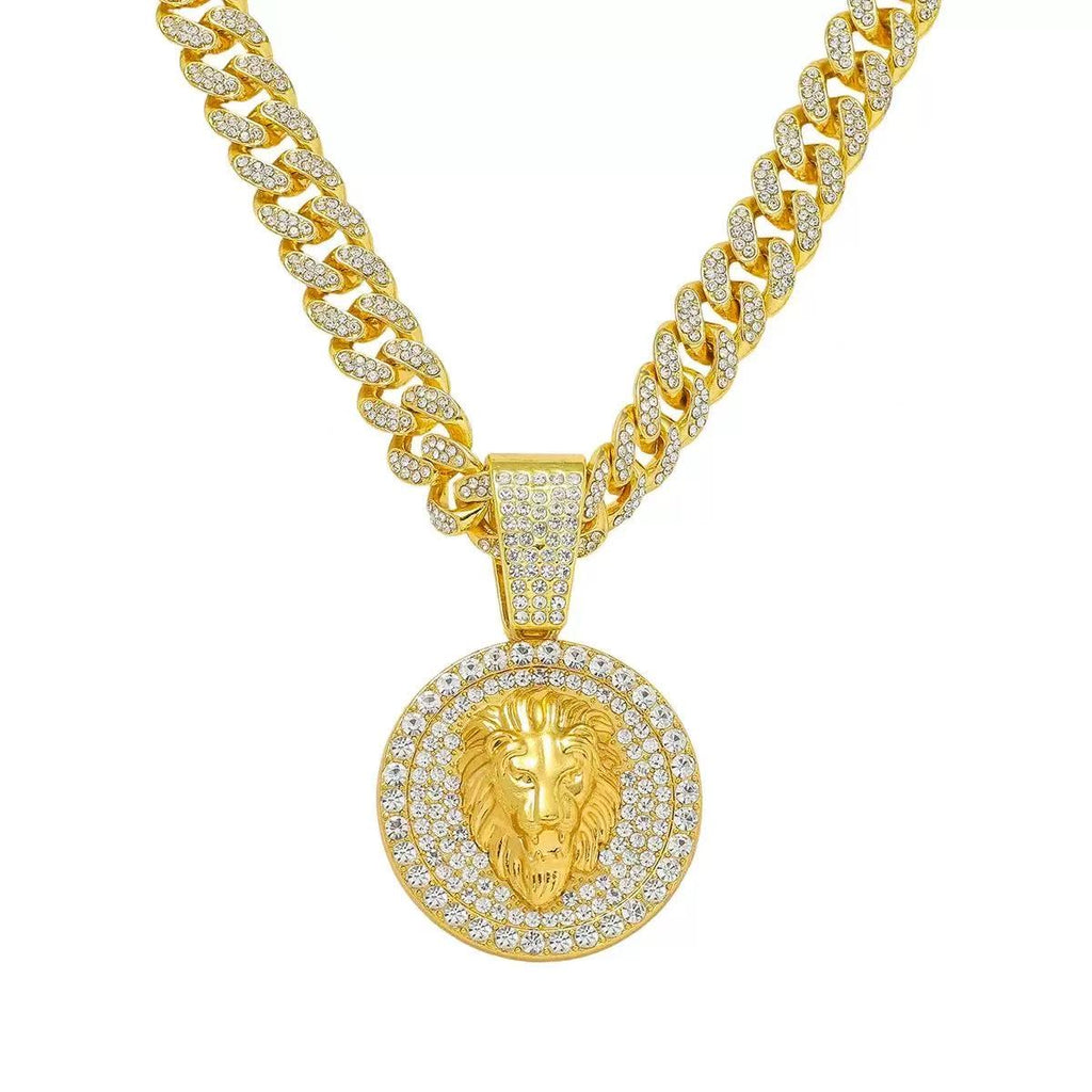 New European & American Hip‑hop Men’s Necklace, Full‑paved Diamond Cuban Link Chain, Unique Round Lion Head Animal Pendant