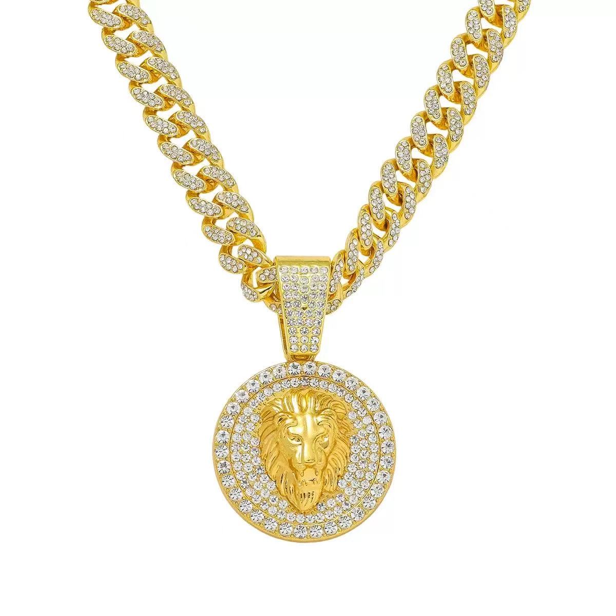 New European & American Hip‑hop Men’s Necklace, Full‑paved Diamond Cuban Link Chain, Unique Round Lion Head Animal Pendant
