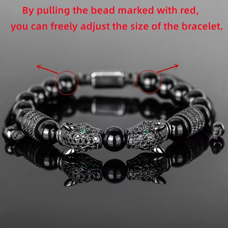 3Pcs Men’s Black Panther Bracelet Set, Roman Numeral Stainless Steel Bangle, Braided Leather & Natural Stone Beaded Bracelets, Adjustable Wrist Jewelry Gift for Men