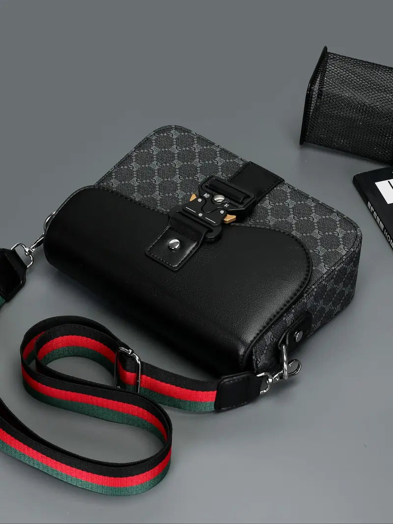 Men's Geometric Pattern PU Leather Crossbody Bag with Flap Closure, Casual Shoulder Travel Bag for Daily Use, Work and School Accessory, Multifunctional Portable High-Quality Sling Crossbody Bag, Flap Crossbody Bags