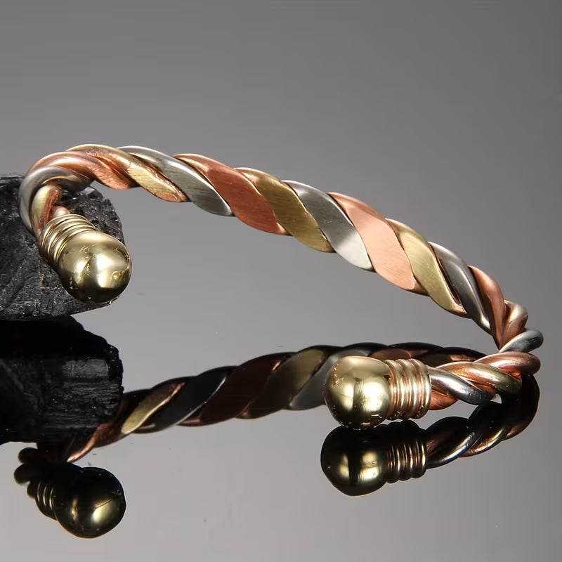 Adjustable Open Magnetic Bracelet – Tri-color braided copper design with a hidden magnetic clasp; unisex, durable, and versatile; suitable for both casual and formal occasions; an artistic accessory.