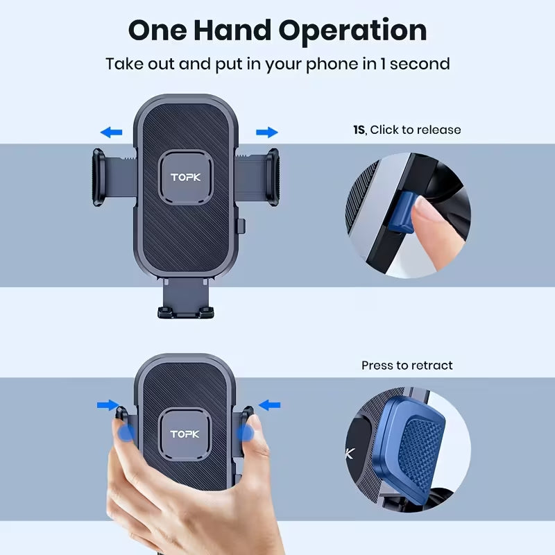 TOPK Car Phone Holder, 360° Rotation Suction Cup Mobile Phone Mount, One‑Hand Quick Release Car Smartphone Stand for Dashboard & Windshield