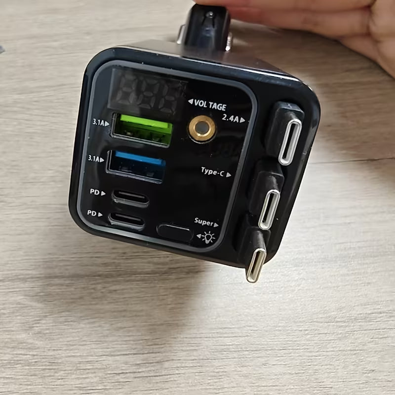 7-in-1 Retractable Fast-Charging Car Charger with Starlight-Style Design; features a 180° adjustable plug and tangle-free design; includes three retractable cables, two USB ports, and two Type-C ports; compatible with all vehicle models.