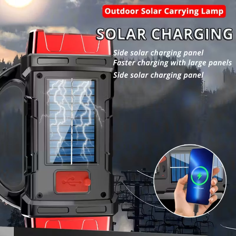 Solar Rechargeable LED Handheld Searchlight, Multi-Light Modes Portable Emergency Lantern with Phone Charger, Outdoor Camping Torch