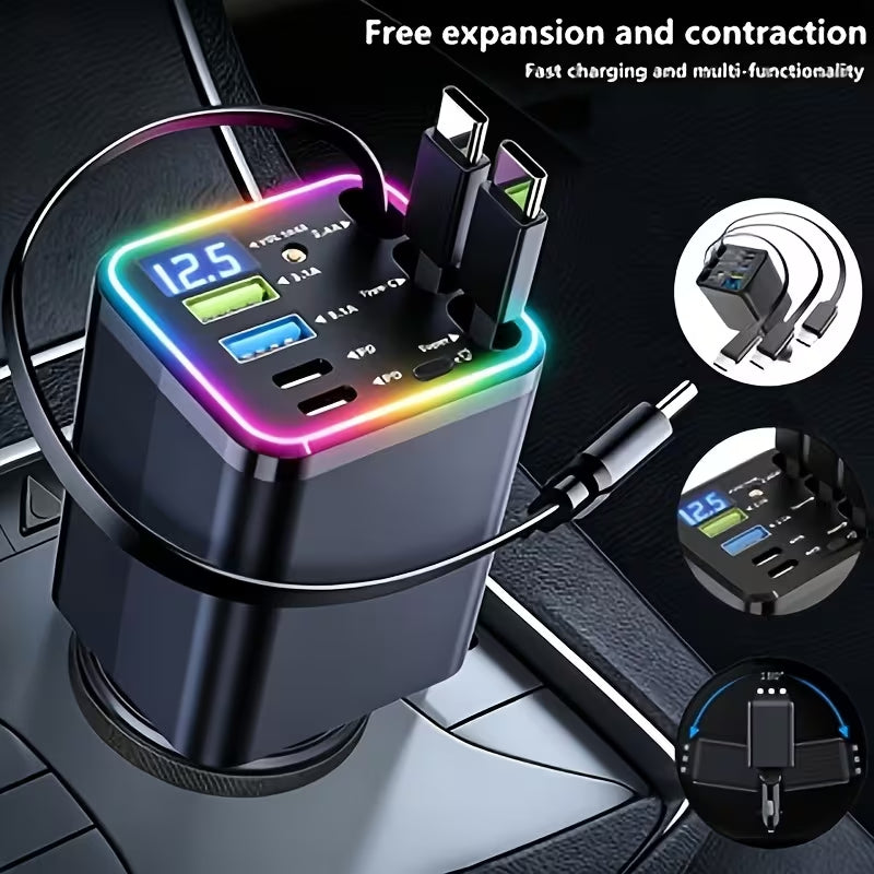 7-in-1 Retractable Fast-Charging Car Charger with Starlight-Style Design; features a 180° adjustable plug and tangle-free design; includes three retractable cables, two USB ports, and two Type-C ports; compatible with all vehicle models.
