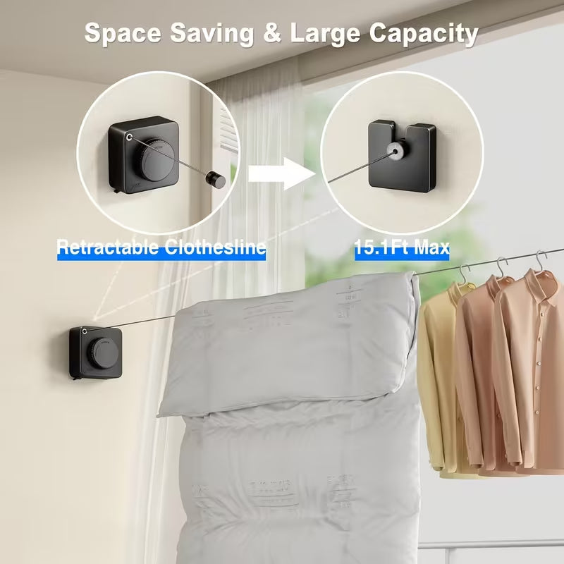 Retractable Clothesline, 15.1ft Heavy Duty Stainless Steel Washing Line, Wall Mounted Auto Retracting Laundry Rope with Lock, 20KG Load Capacity for Bathroom, Balcony, Indoor & Outdoor Drying