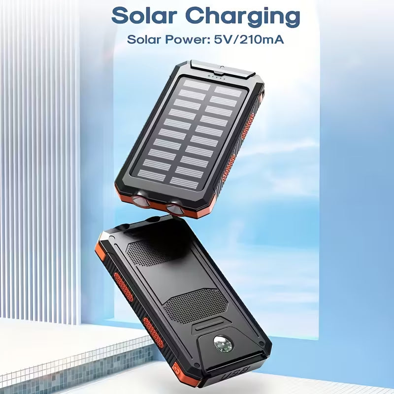 Outdoor Solar Power Bank, IP4 Waterproof Shockproof Portable Charger with Dual LED Flashlight, SOS Strobe Light & Compass, Dual USB Fast Charging, Emergency Power Bank for Camping Hiking Fishing Travel