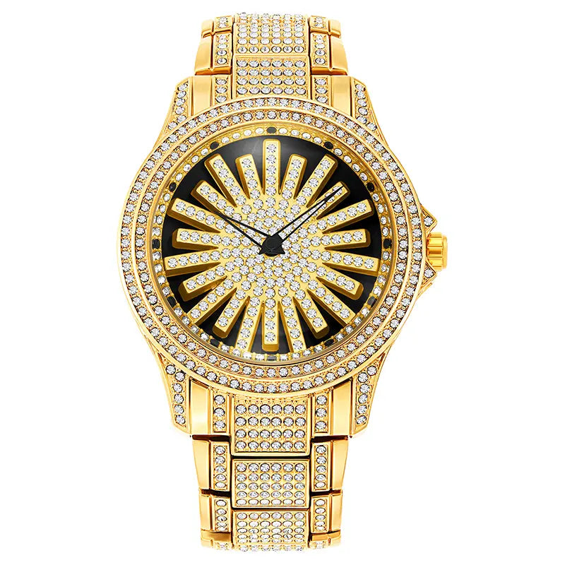 Iced Out Gold Diamond Watch | Luxury Quartz Analog Wristwatch, Sunburst Crystal Dial, Stainless Steel Band, Bling Dress Watch for Men , Perfect Gift for Tanzania