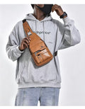 Men Vintage PU Leather Chest Bag, Large Capacity Multi-Pocket Crossbody Sling Bag for Outdoor Daily Travel