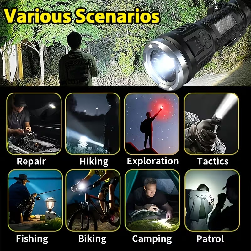 Multifunctional LED Flashlight with Windproof Electric Lighter, 7 Lighting Modes COB Side Light, Type-C Rechargeable Portable Torch for Camping Hiking Fishing Outdoor Emergency