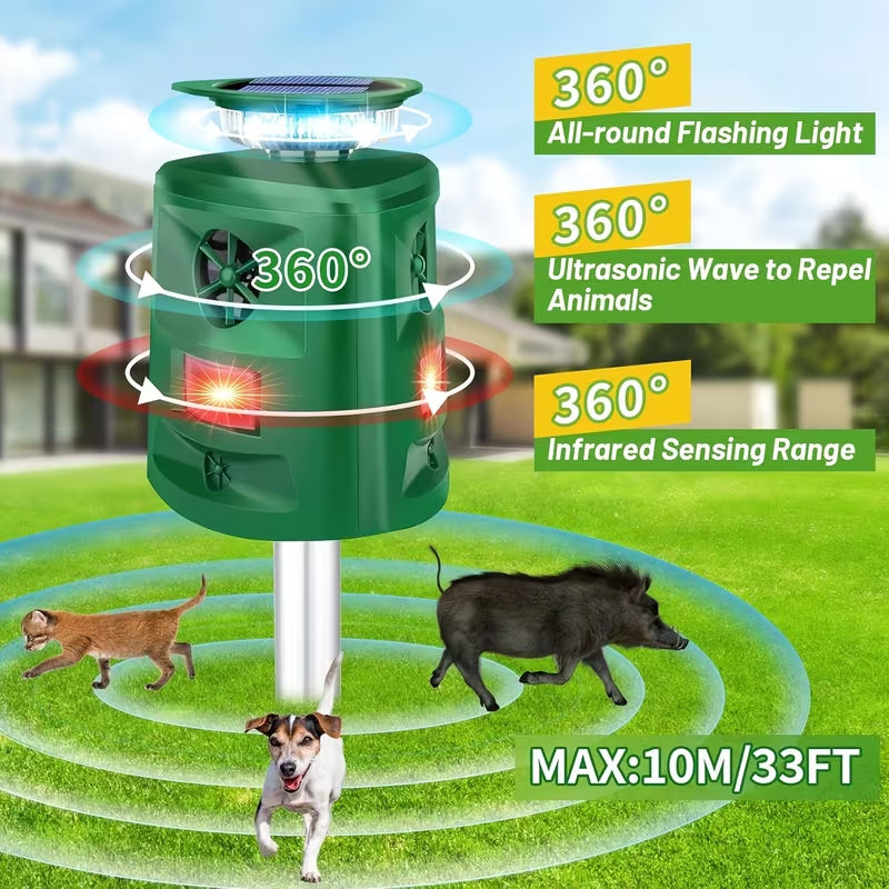 Solar Ultrasonic Animal Repeller, 360° Infrared Sensor Pest Repellent with Flash Light, Solar & USB Powered Waterproof Animal Deterrent for Garden Yard Farm Orchard