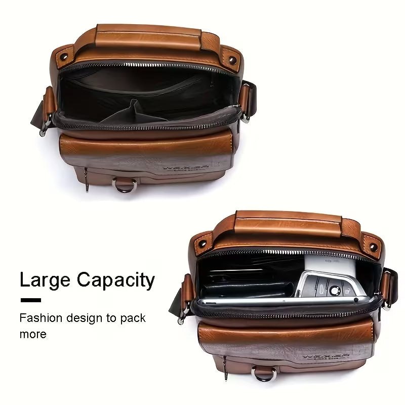 New men's genuine leather sling backpack—a high-capacity commuter bag featuring vintage street style, an adjustable strap, and durable cowhide; suitable for business travel and daily use, and a perfect gift for Father's Day.