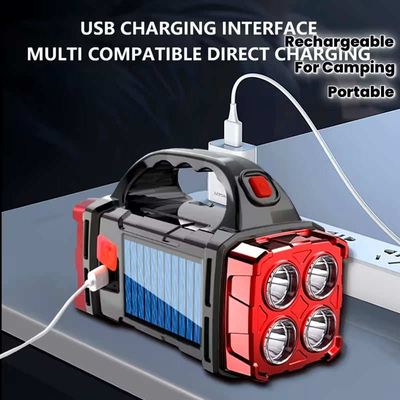 Solar Rechargeable LED Handheld Searchlight, Multi-Light Modes Portable Emergency Lantern with Phone Charger, Outdoor Camping Torch