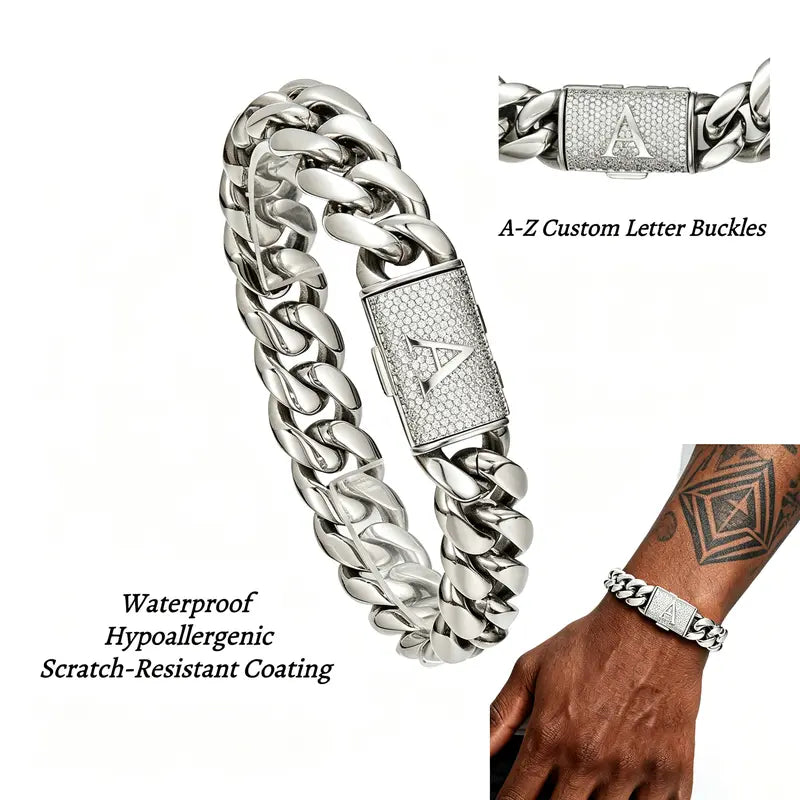 14mm Custom A-Z Letter Cuban Link Bracelet, Stainless Steel PVD Silver Plated Iced Out Curb Bracelet for Men
