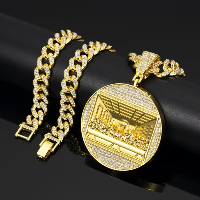 Iced Out Last Supper Pendant Necklace for Men, Gold Plated Rhinestone Cuban Link Chain, Luxe Hip Hop Faith Statement Jewelry