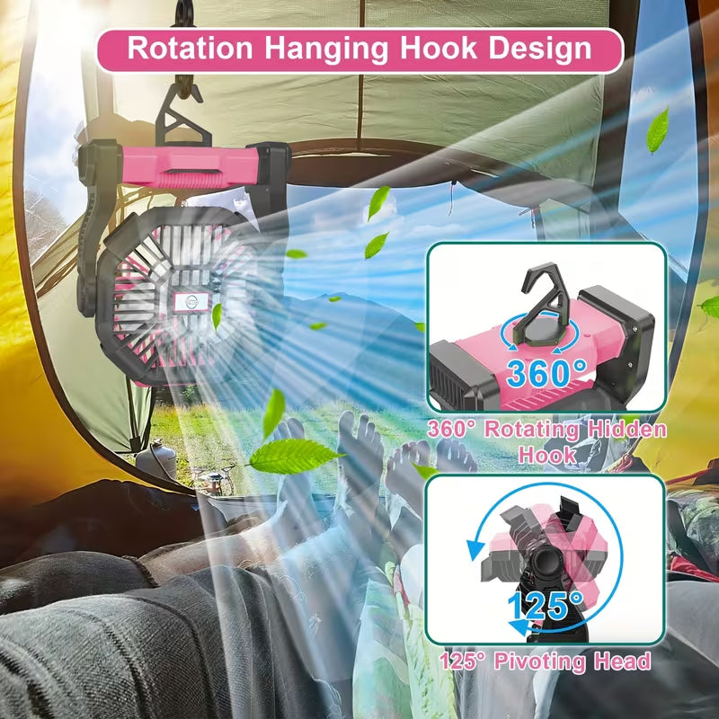 Rechargeable Camping Fan with LED Lantern,10000mAh Battery,360°Hanging Hook,125°Pivoting Head,Quiet Brushless Motor,Portable Outdoor Tent Fan with Power Bank Function for Camping Fishing Hiking