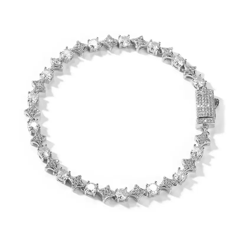 Iced Out Star Round Cut CZ Tennis Bracelet, Silver Plated Hip Hop Sparkling Bracelet for Men