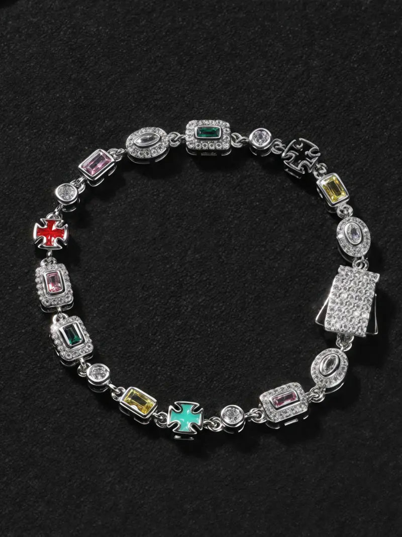 Vintage Multicolor Gemstone Cross Chain Bracelet, Silver Plated Hip Hop Stackable Statement Bracelet for Men