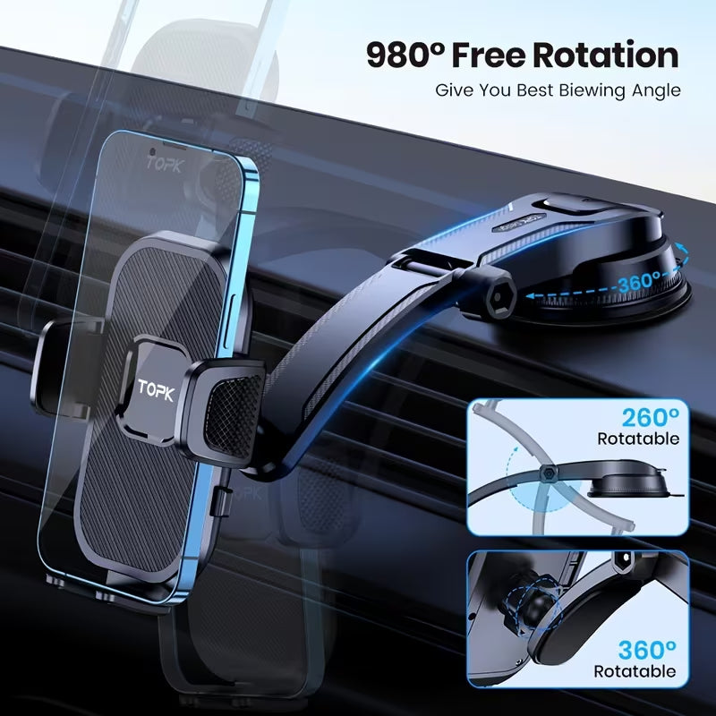 TOPK Car Phone Holder, 360° Rotation Suction Cup Mobile Phone Mount, One‑Hand Quick Release Car Smartphone Stand for Dashboard & Windshield