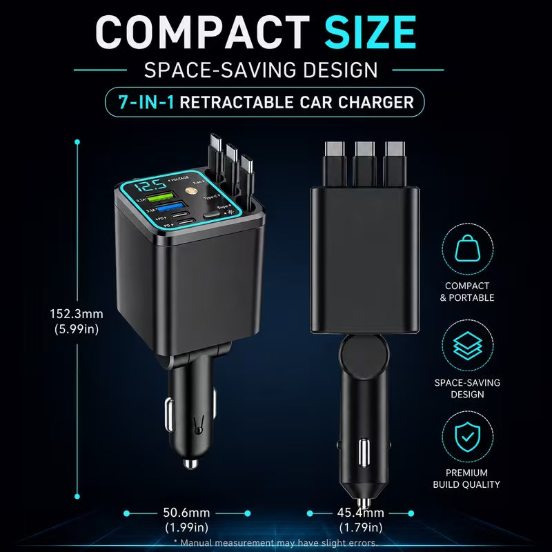 7-in-1 Retractable Fast-Charging Car Charger with Starlight-Style Design; features a 180° adjustable plug and tangle-free design; includes three retractable cables, two USB ports, and two Type-C ports; compatible with all vehicle models.