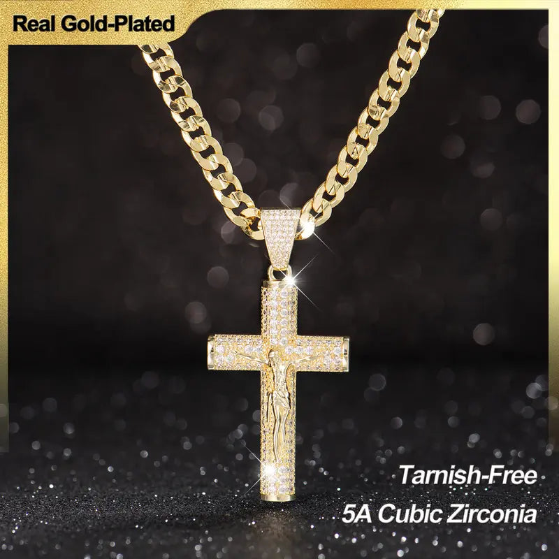 14K Gold-Plated Men's Jesus Crucifix Cross Necklace - Advanced Nanotech Non-Tarnish Cuban Link Chain with Jesus Crucifix Pendant, 24in Daily Wear Jewelry Accessory