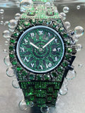 Men Iced Out Green Emerald Rhinestone Watch, Full Bling Arabic Numeral Dial Quartz Wrist Watch, Luxury Hip Hop Stainless Steel Bracelet Watch with Date Window