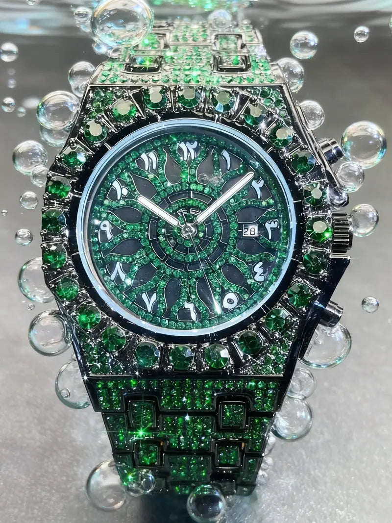 Men Iced Out Green Emerald Rhinestone Watch, Full Bling Arabic Numeral Dial Quartz Wrist Watch, Luxury Hip Hop Stainless Steel Bracelet Watch with Date Window