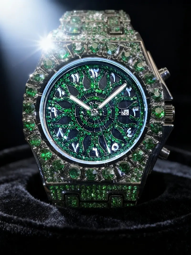 Men Iced Out Green Emerald Rhinestone Watch, Full Bling Arabic Numeral Dial Quartz Wrist Watch, Luxury Hip Hop Stainless Steel Bracelet Watch with Date Window