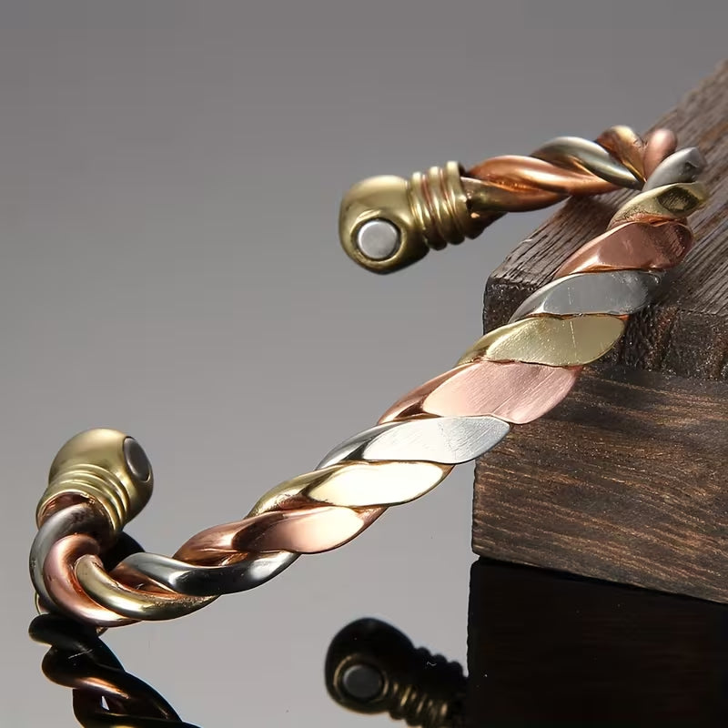 Adjustable Open Magnetic Bracelet – Tri-color braided copper design with a hidden magnetic clasp; unisex, durable, and versatile; suitable for both casual and formal occasions; an artistic accessory.