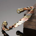 Adjustable Open Magnetic Bracelet – Tri-color braided copper design with a hidden magnetic clasp; unisex, durable, and versatile; suitable for both casual and formal occasions; an artistic accessory.