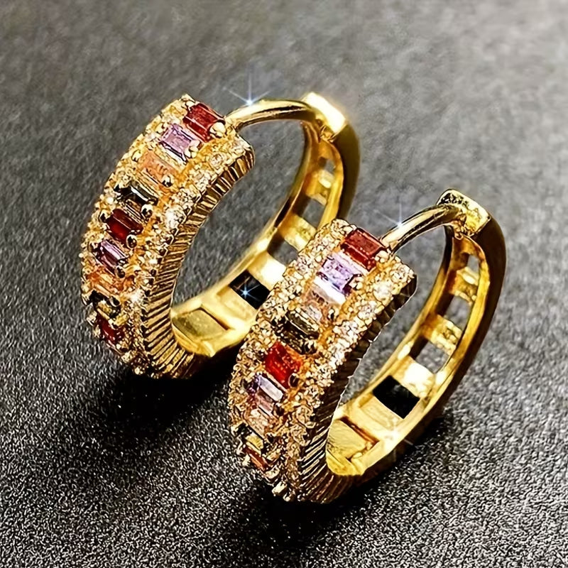 Gold Plated Rainbow Multicolor Cubic Zirconia Huggie Hoop Earrings for Men & Women, Sparkling Baguette Crystal Hip Hop Unisex Earrings