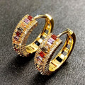 Gold Plated Rainbow Multicolor Cubic Zirconia Huggie Hoop Earrings for Men & Women, Sparkling Baguette Crystal Hip Hop Unisex Earrings