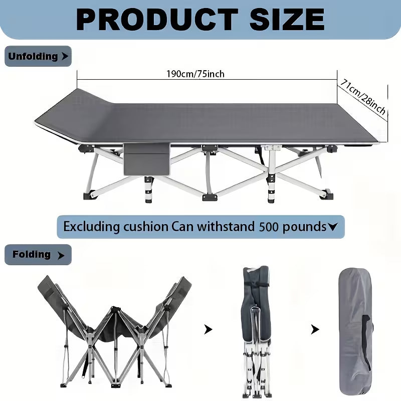 75-Inch Extra-Large Heavy-Duty Outdoor Folding Bed – Thickened Camping Cot with Flip Mattress, 600 LBS (approx. 272 kg) Load-Bearing Capacity, Portable Guest Bed & Carry Bag for Adults