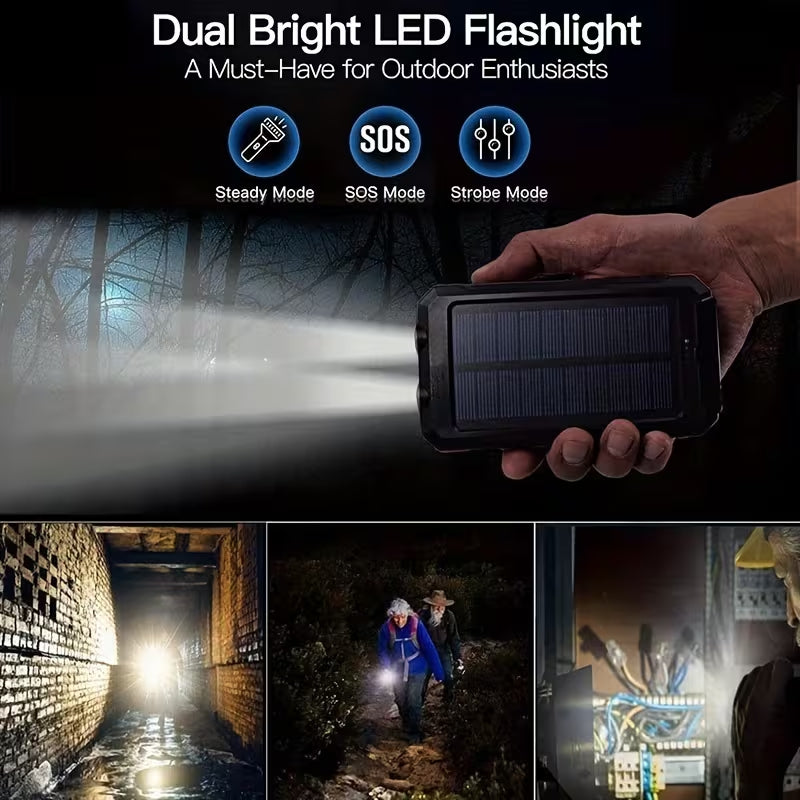 SolarPulse 4-in-1 Emergency Power Bank & LED Flashlight – Solar, Hand Crank & USB Charging, Built-in Compass